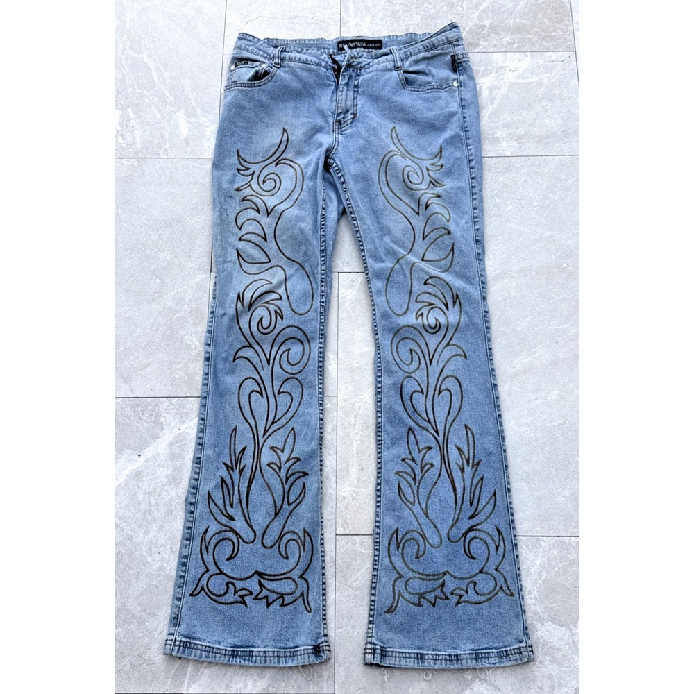Vintage Y2K Revolt Bootcut Jeans Women's 32x31 Gold Design Lowrise Hippie Boho*